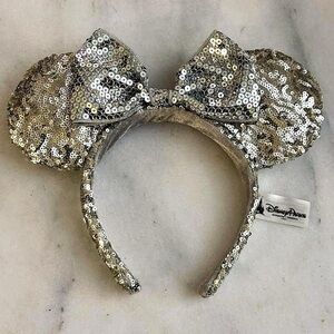 Disney Parks Sparkle Silver Sequin Minnie Mouse Ears with Bow Headband